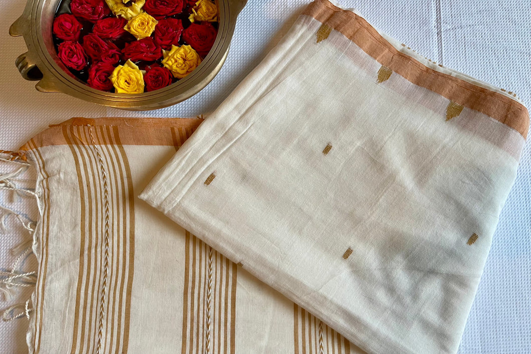 Bengal cotton handloom saree - off white & mustard