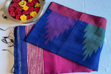 Load image into Gallery viewer, Bengal cotton handloom saree - Blue &amp; Magenta
