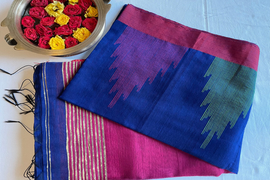 Bengal cotton handloom saree - Blue & Magenta