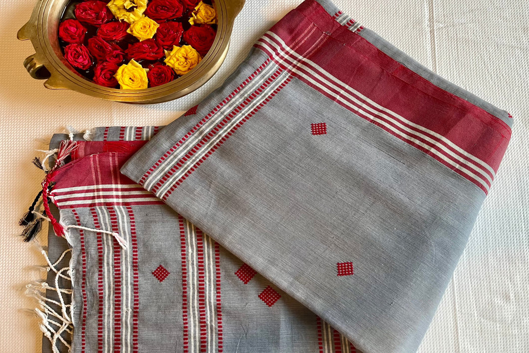 Bengal cotton handloom saree - Grey & Red