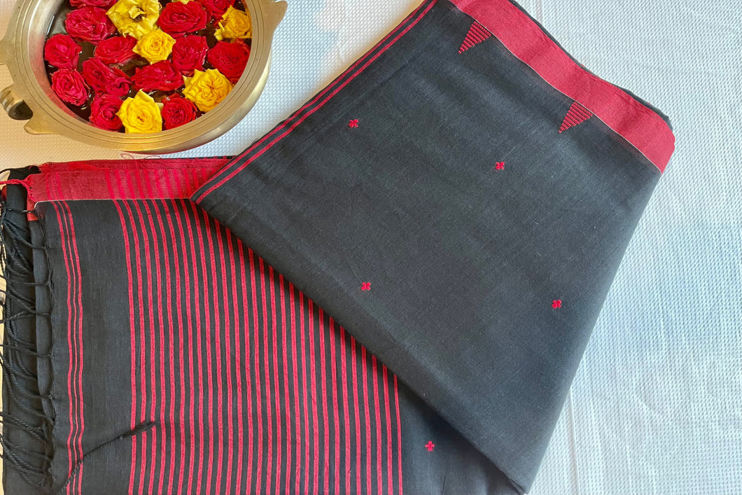 Bengal cotton handloom saree - Black & Red