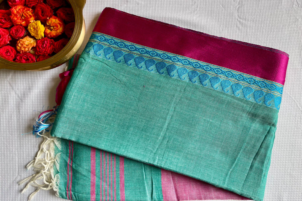 Bengal cotton handloom saree - Teal Green & Magenta