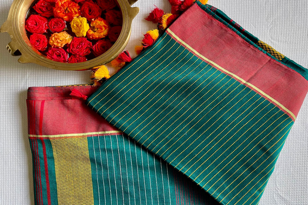 Bengal cotton handloom saree - Green & Red