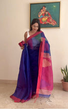 Load image into Gallery viewer, Bengal cotton handloom saree - Blue &amp; Magenta
