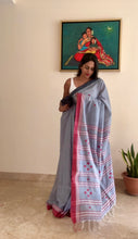 Load image into Gallery viewer, Bengal cotton handloom saree - Grey &amp; Red
