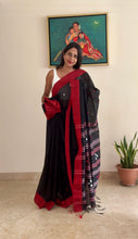 Load image into Gallery viewer, Bengal cotton handloom saree - Black &amp; Red (Broad Border)
