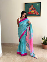 Load image into Gallery viewer, Bengal cotton handloom saree - Teal Green &amp; Magenta
