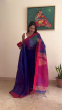 Load and play video in Gallery viewer, Bengal cotton handloom saree - Blue &amp; Magenta
